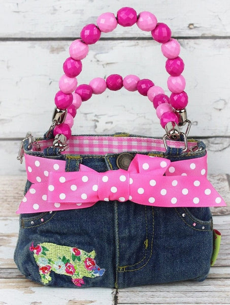 PIG'S-TAGS デニム トートバッグ NGIL Floral Pig Denim Jeans Handbag with Pink Beaded Handles