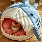Cozy Kawaii Pet Beds 1 Cute Shark Cat Bed Cave (Up to 20.9 in) - Enclosed Portable Pet Tent Winter Warm