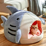 Cozy Kawaii Pet Beds 1 Cute Shark Cat Bed Cave (Up to 20.9 in) - Enclosed Portable Pet Tent Winter Warm