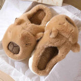 Cozy Kawaii Slippers 1 Brown / US 6 (EU 36-37): 9.25 in Kawaii Capybara Cotton Slippers - Women's Warm Fur Indoor Slides & Non-Slip Home Shoes
