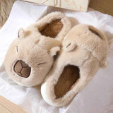 Cozy Kawaii Slippers 1 Khaki / US 6 (EU 36-37): 9.25 in Kawaii Capybara Cotton Slippers - Women's Warm Fur Indoor Slides & Non-Slip Home Shoes
