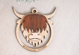 Faire-Honey Glow Designs christmas ornaments NO Bow / Natural Highland Cow Ornament - Mooooey Christmas Cow Ornament - Wooden Farmhouse Ornament