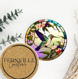 Fernville Creations 3.6 Inch Glossy Fernville Creations - Hummingbird Printed Stained Glass Ceramic Coaster