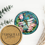 Fernville Creations 4 Inch Glossy Fernville Creations - Dragonfly Coaster with Pink Flower for Coffee Table Decor