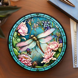 Fernville Creations 4 Inch Glossy Fernville Creations - Dragonfly Coaster with Pink Flower for Coffee Table Decor