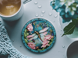 Fernville Creations 4 Inch Glossy Fernville Creations - Dragonfly Coaster with Pink Flower for Coffee Table Decor