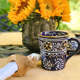 global crafts Mugs Encantada Flared Mugs Deep Blue Floral Pattern Handmade Mexican Art