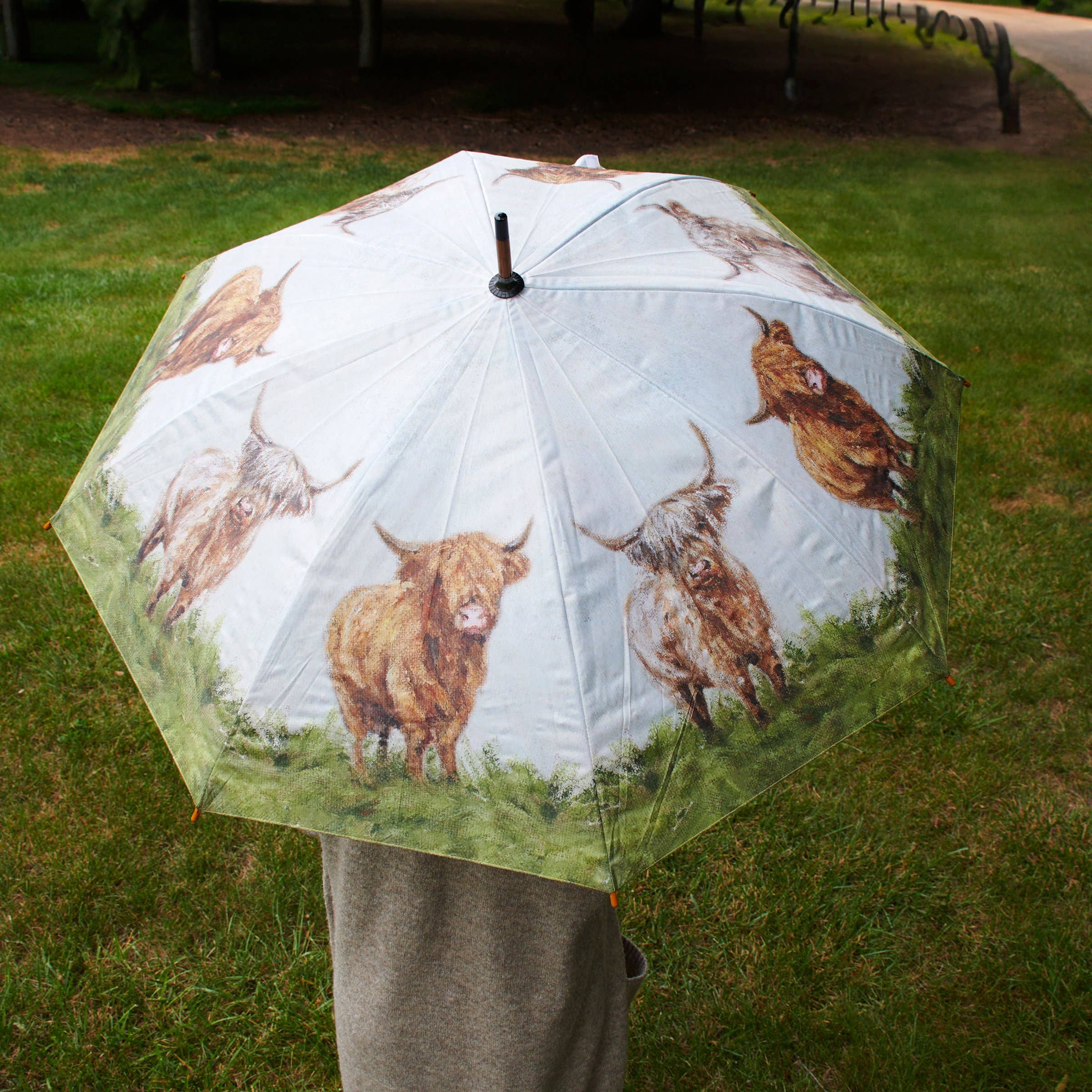 cow print patio umbrella AMMSUN 7ft Fringe Umbrella,Cow Polka Dots A stylish umbrella from our Farmhouse displaying full color designs of highland cows in a field on the canopy 'The Mia' Black and Beige