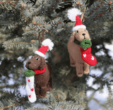 The Pink Pigs dog ornament knit Festive Brown Doggies with PomPom Hat & Christmas Stocking Ornaments