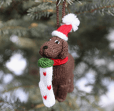The Pink Pigs dog ornament knit Festive Brown Doggies with PomPom Hat & Christmas Stocking Ornaments