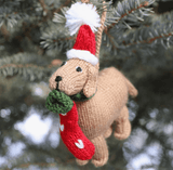 The Pink Pigs dog ornament knit Light Festive Brown Doggies with PomPom Hat & Christmas Stocking Ornaments