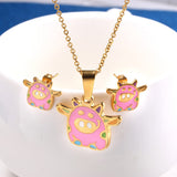 Alibaba Fashion Jewelry Sets Flying Pink Piggy Jewelry Set Stainless Steel Necklace and Earrings for Girls