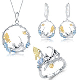 Cat and Butterfly Fine Sterling Silver Jewelry, Genuine Gemstone-Necklace, Earrings, Ring or SET - Topaz-SET