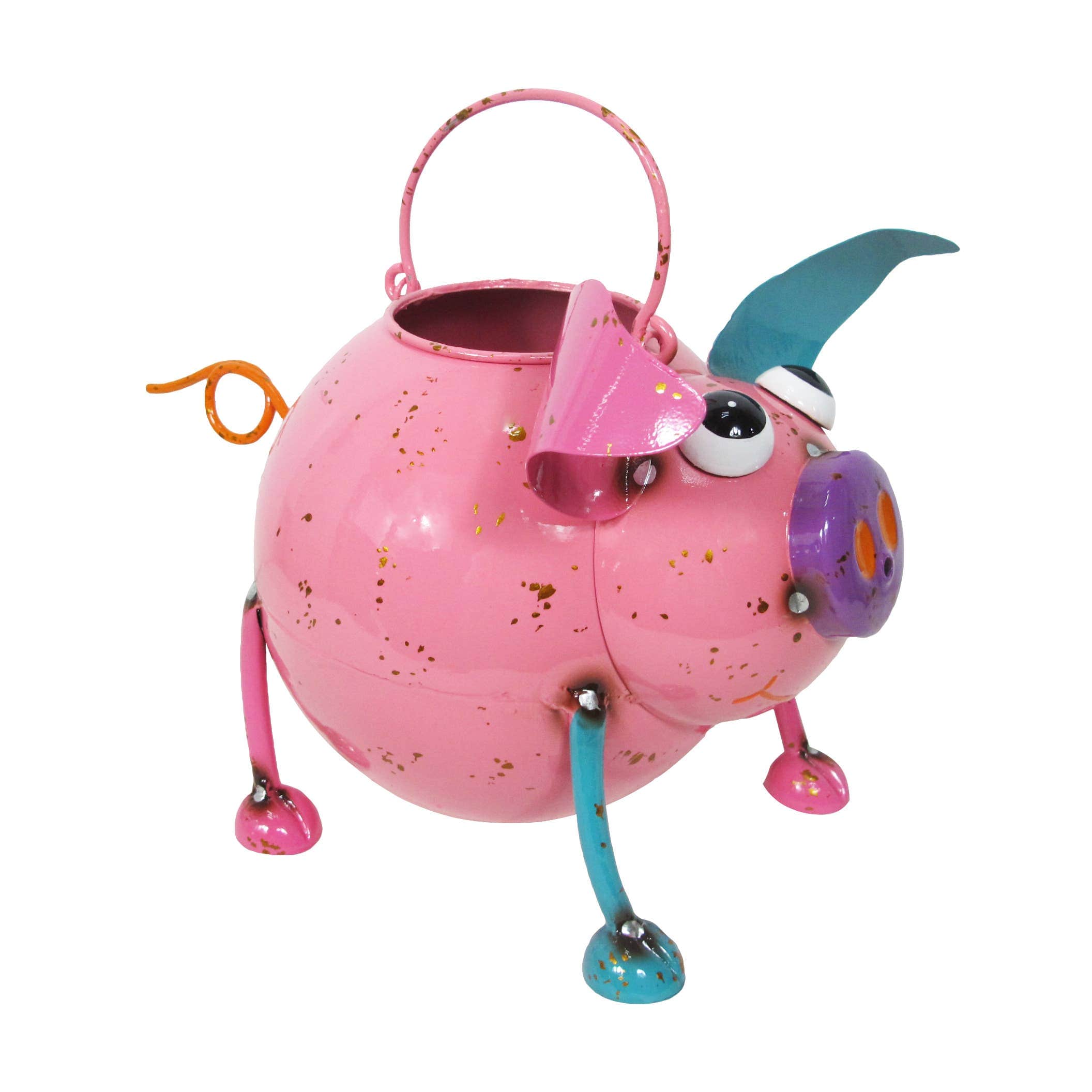 FAIRE - Continental Art Center Lawn Ornaments & Garden Sculptures Metal Pink Pig Watering Can-Continental Art Center - Colorful Enameled