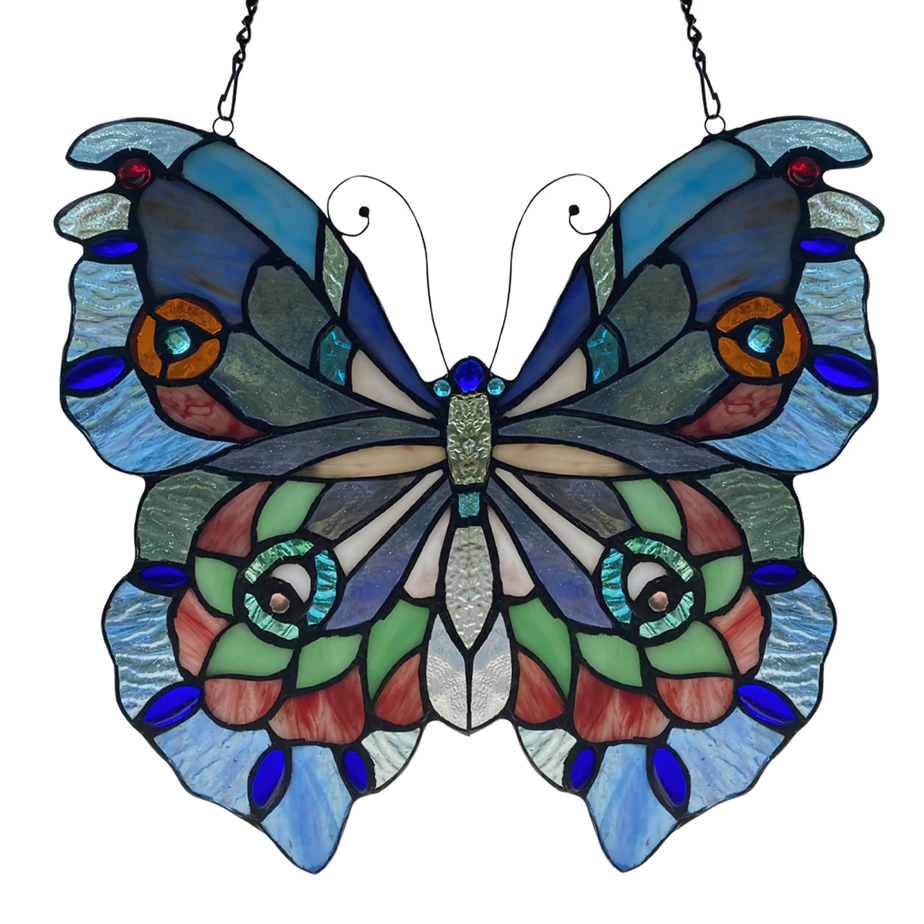 Faire: River of Goods Stained Glass Panels Blue Blue or Colorful Butterfly Tiffany Style Stained Glass Window Hanging 12.5"