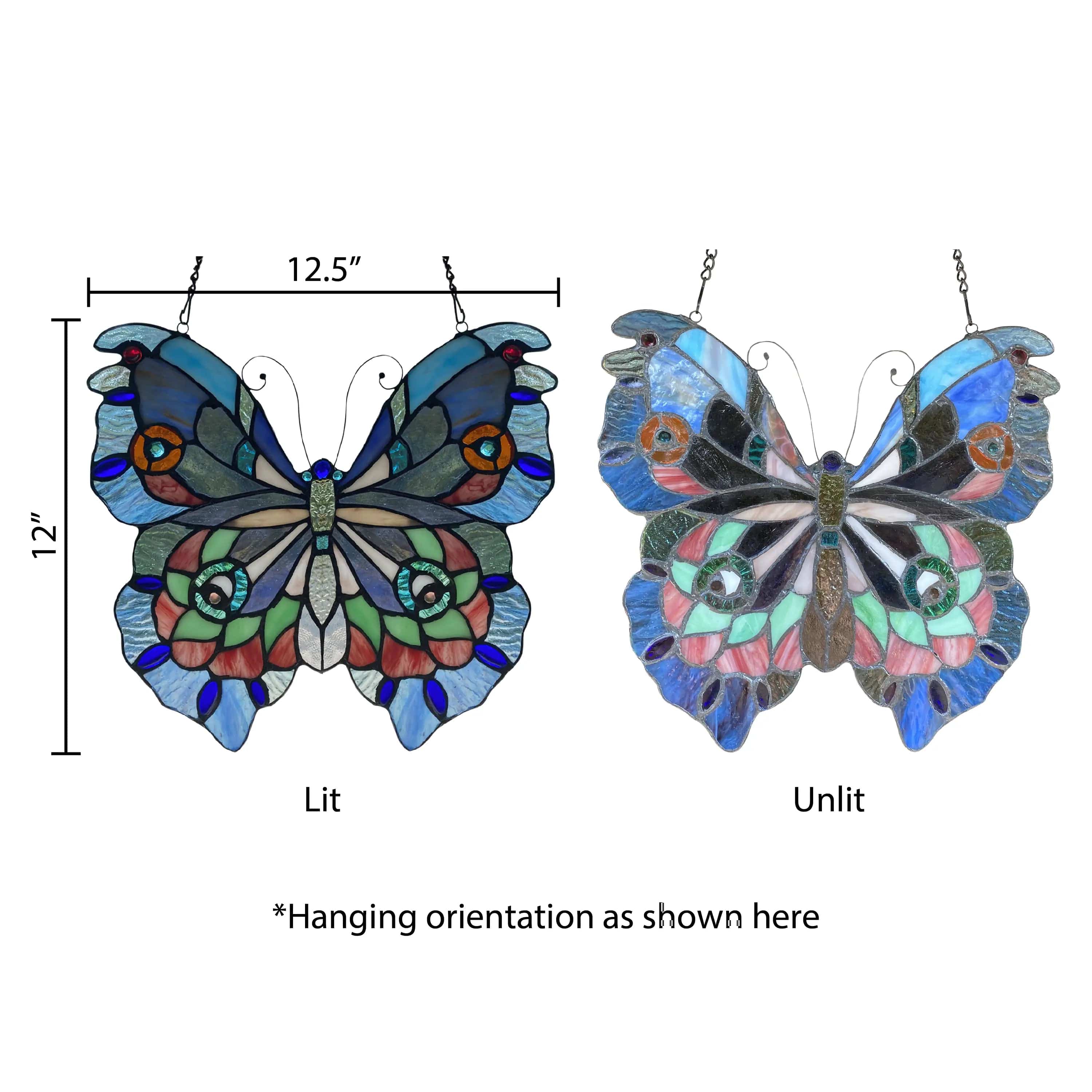 Faire: River of Goods Stained Glass Panels Blue or Colorful Butterfly Tiffany Style Stained Glass Window Hanging 12.5"