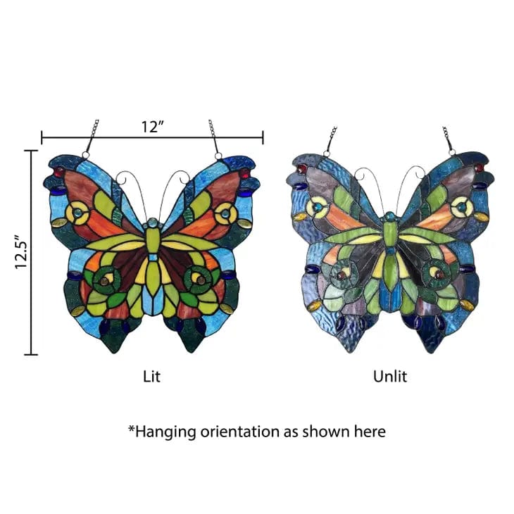 Faire: River of Goods Stained Glass Panels Blue or Colorful Butterfly Tiffany Style Stained Glass Window Hanging 12.5"