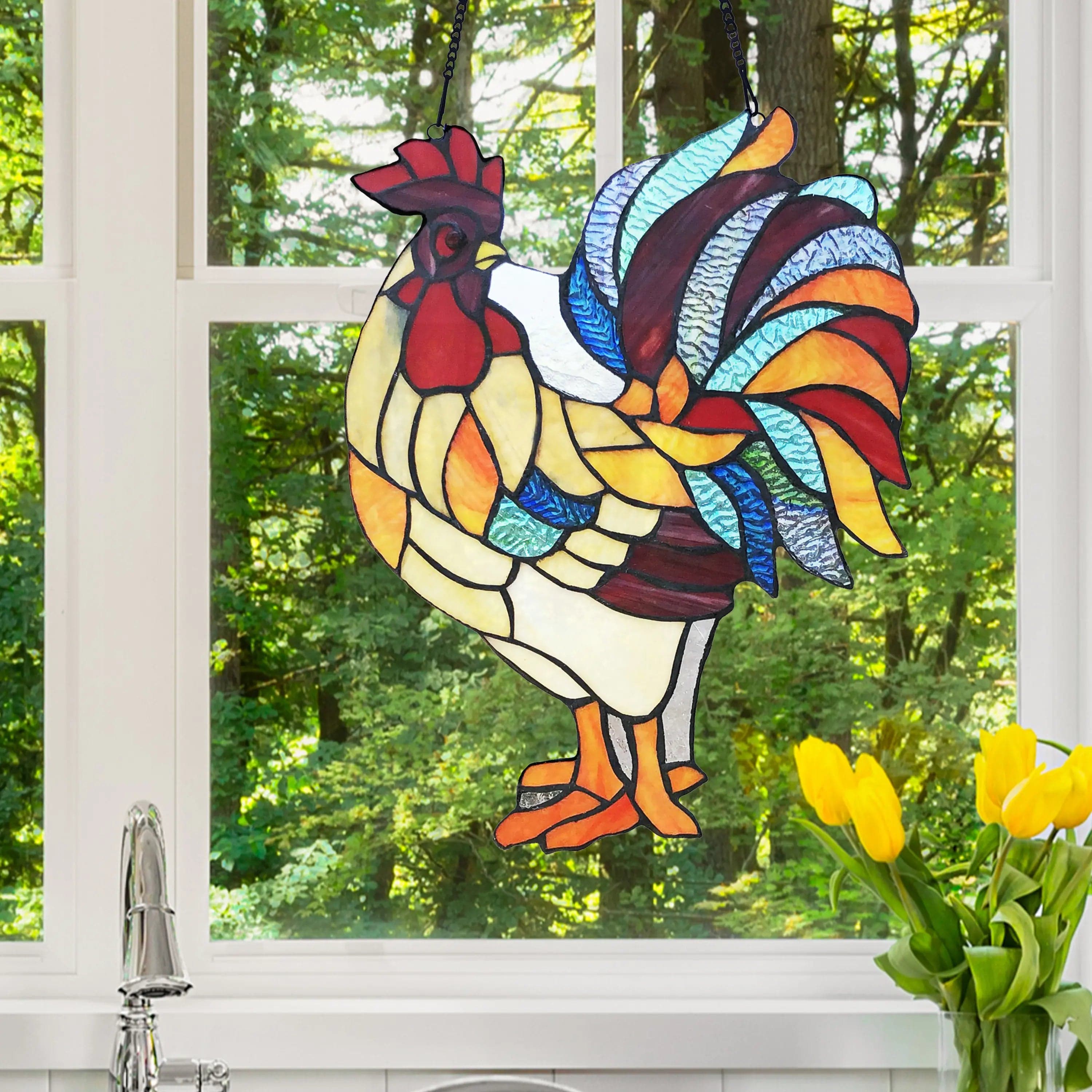 faire-river of goods Stained Glass Panels Rooster Tiffany Style Colorful Chicken Stained Glass Lamp or Hanging Panel