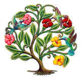 HUMMINGBIRDS AND HIBISCUS FLOWERS PAINTED HAITIAN METAL DRUM WALL ART, 24"