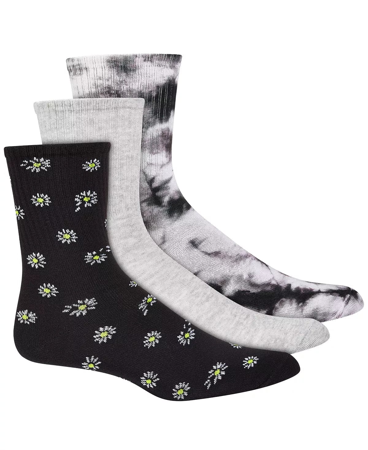 MMG-JENNI/GOLD MEDAL INTL Socks Women's 3pk Crew Socks Jenni Daisy & Tie-Dyed Neutral Color Ribbed Cuff