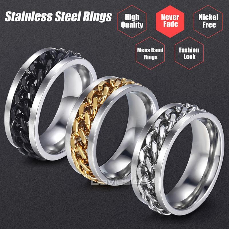 The Pink Pigs Mens Jewelry and Watches Chain Spinner Ring-Stainless Steel & Titanium Chain Spinner Inset in Gold, Silver or Black Color